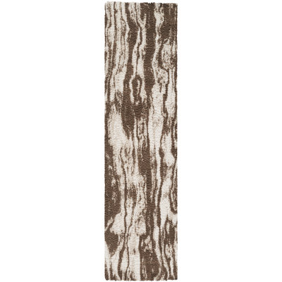 Tapis moderne à poils longs abstrait Nova brun et ivoire, lavable