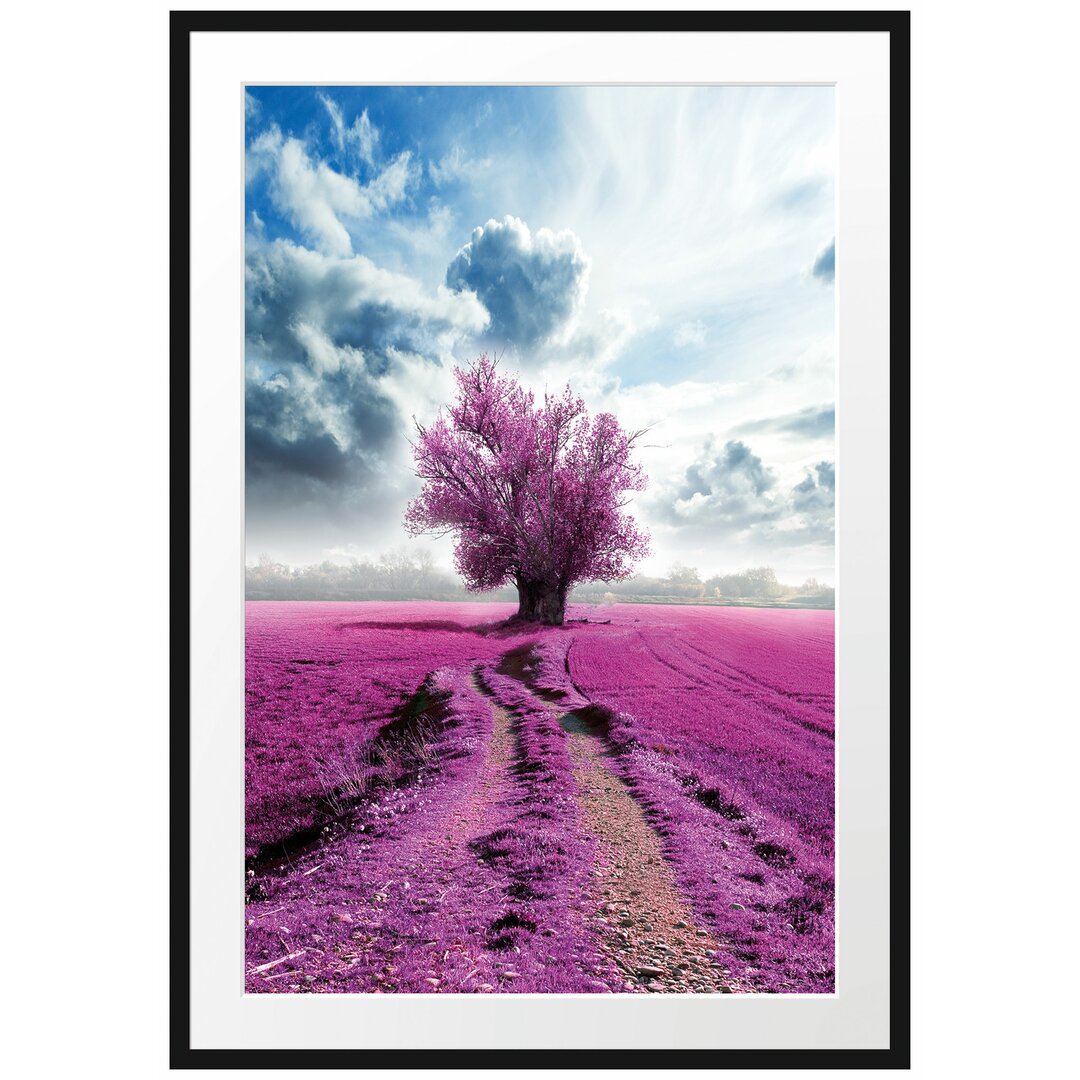 Gerahmtes Poster Rosa Feld mit einem rosa Baum