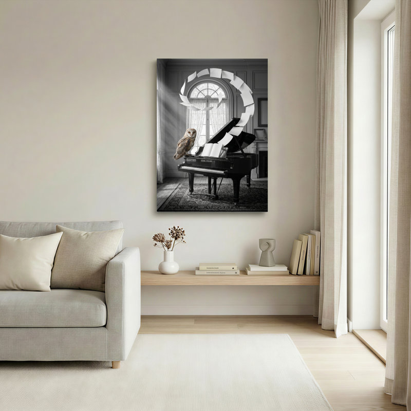 Ensemble de 1 tableau sur toile représentant un hibou et un piano, H 24 po x l 16 po, Toile tendue