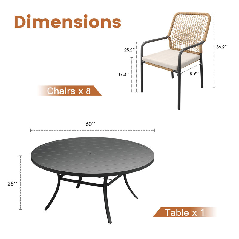 Ensemble de salle à manger 8 personnes pour patio avec table de salle à manger 60 po et chaises rembourrées empilables en rotin
