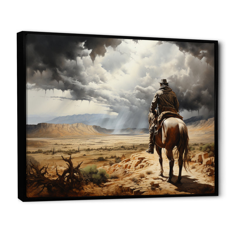 Cowboy Calm Before The Storm - Cowboys Canvas Wall Art, H 16 po x l 32 po x P 1 po, Cadre flottant noir