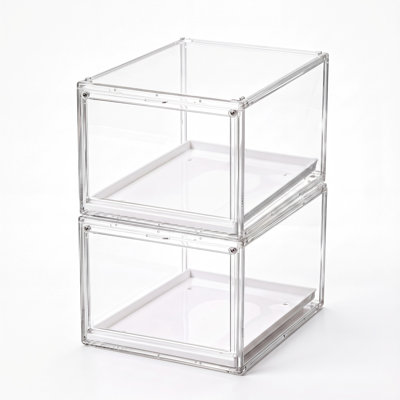 Hat & Shoe Organizer, 2 Pack Clear Stackable Storage Boxes with Sliding Tray & Magnetic Door, Transparent Display Case for Baseball Caps, Sneakers, Footwear and Closet Organization