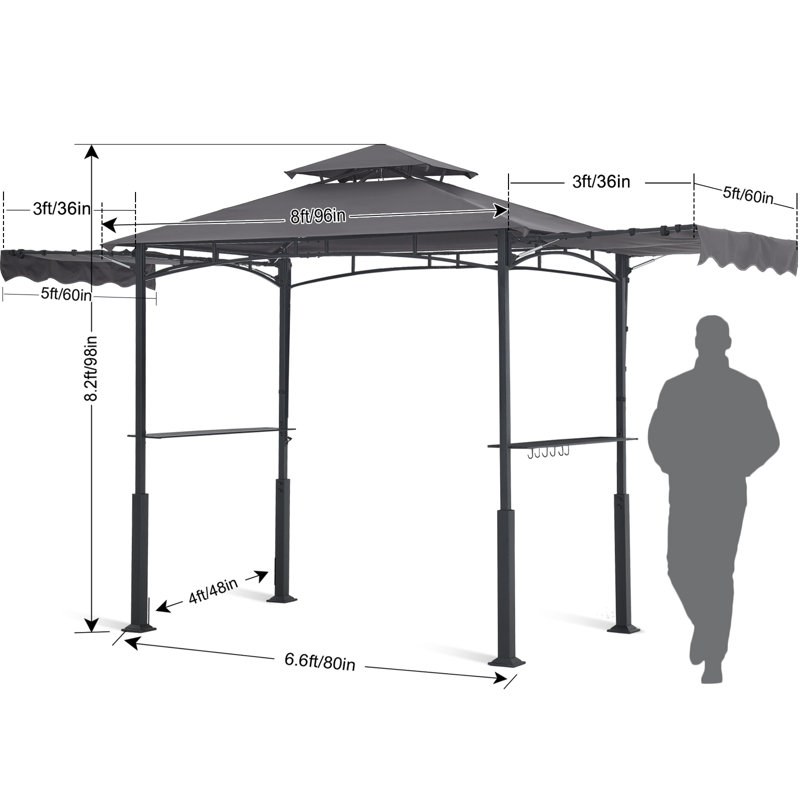 14 Ft. W X 5 Ft. D Steel Grill Gazebo With Collapsible Awnings, Gray