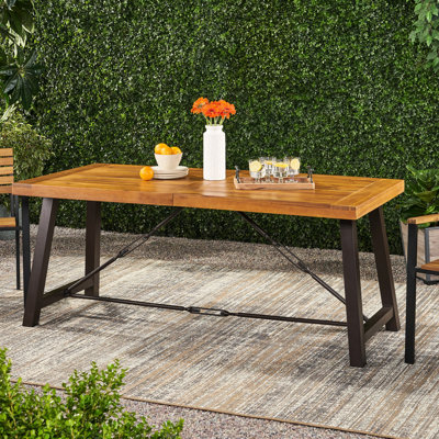 Table de salle à manger d'extérieur, plateau en bois, base en métal thermolaqué, finition, design industriel moderne, 70 po x 33 po x 29,5 po, option bois, structure en fer, 70 po de largeur, 33 po de profondeur, 29,5 po de hauteur
