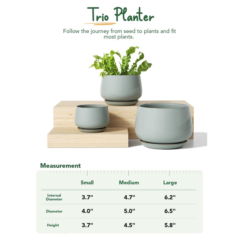 Pots à plantes en céramique 4,1 + 5,1 + 6,5 pouces, Gris