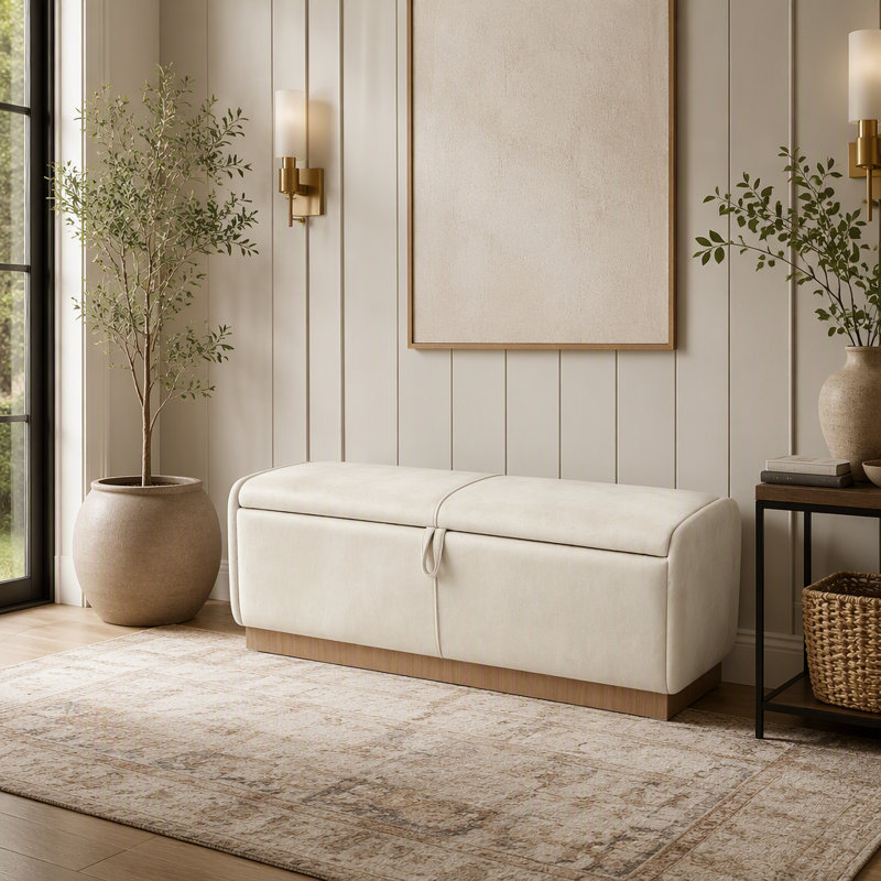 Banc coffre ottoman en velours de 120 cm avec base imitation bois, Beige / patchwork, Beige