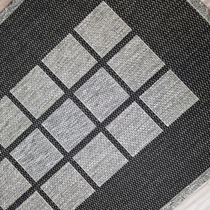 Gere Rug Non Slip Flat Weave Border Check Geometric Kitchen Living Room Carpet, Runner 60 x 180 cm, Black
