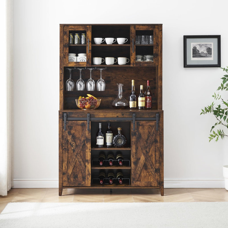 Armoire-bar 70 po avec portes de grange coulissantes et tablettes de rangement, Brun