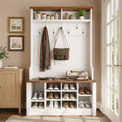 Arched Hall Tree with Bench & Shoe Storage, 70.87" 4-in-1 Entryway Shoe Bench Coat Rack with 4 Hooks & Storage Cubbies, for Mudroom, Hallway & Bedroom, Dark Brown