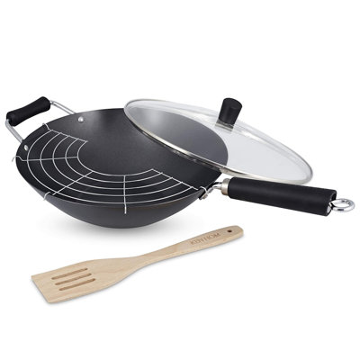 31 cm Antihaft-Wok aus Karbonstahl mit Deckel
