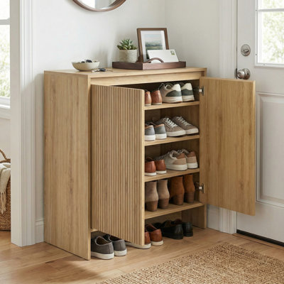 Fluted Shoe Cabinet With Doors And Adjustable Shelves, 4-Tier Shoe Storage Cabinet, Freestanding Shoe Rack Cabinet