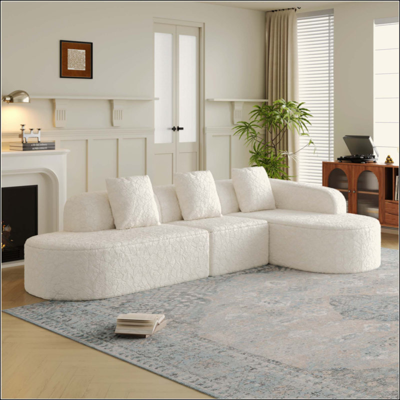 Canapé modulaire incurvé en forme de L, conception moderne avec tissu en polyester à poils longs texturé litchi, dossier incurvé avec trois coussins