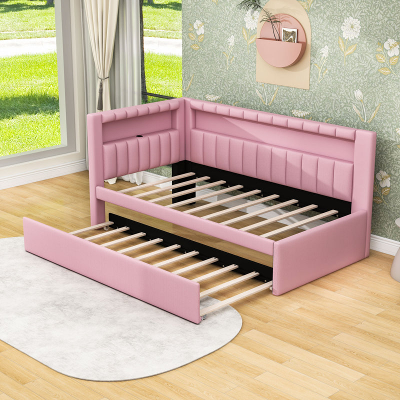 Lit simple en bois avec lit gigogne, USB et DEL, Rose