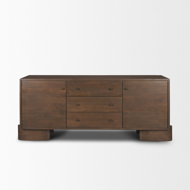 Buffet 2 portes 3 tiroirs en bois moyen avec laiton vieilli foncé, Marron foncé