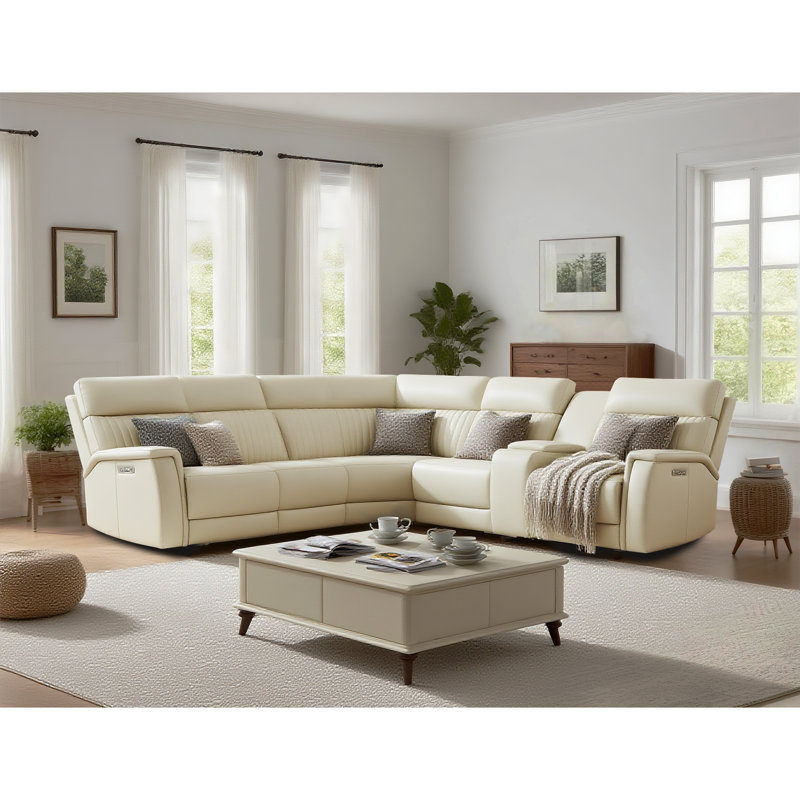 6-Piece, 3 Power Recliners Leather Reclining Sectional, Power Headrest & Lumbar , Cream Genuine Leather, Power - Push Button