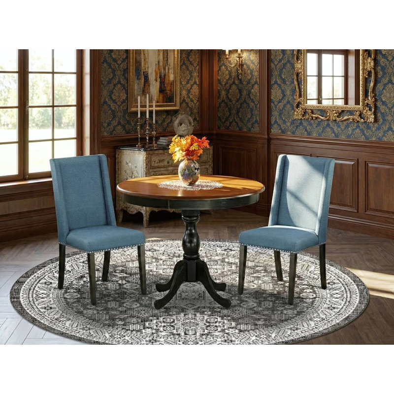 Ensemble de salle à manger 3 pièces comprenant une table de cuisine en bois et 2 chaises de salle à manger en tissu de lin bleu avec dossier haut - finition noire