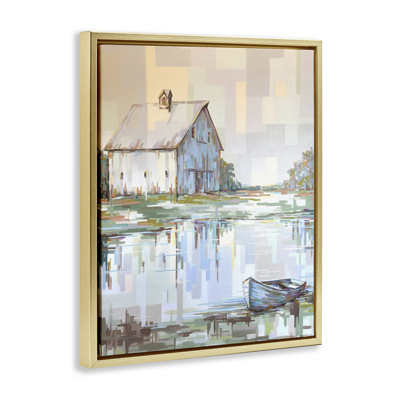 "Barn Reflections Landscape Floater", art mural par Linda Sperruche, H 31 po x l 25 po, Cadre flottant gris lustré