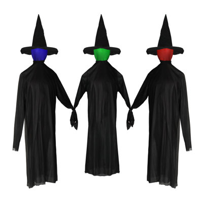 Ensemble de 3 décorations lumineuses de sorcières pour l'Halloween, 160 cm de hauteur, grandeur nature, se tenant la main, avec activation sonore et visages lumineux colorés pour la décoration de jardin.