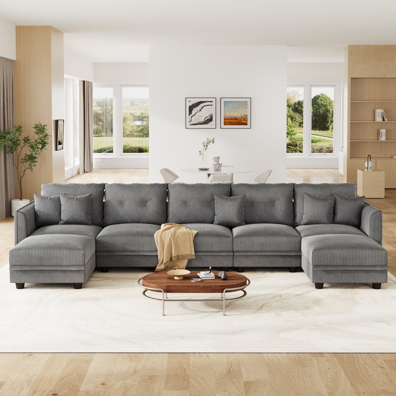 7 Seat Corduroy Convertible Modular Sectional Sofa With Storage, 5 Back Cushion 5 Throw Pillow, Gray Corduroy