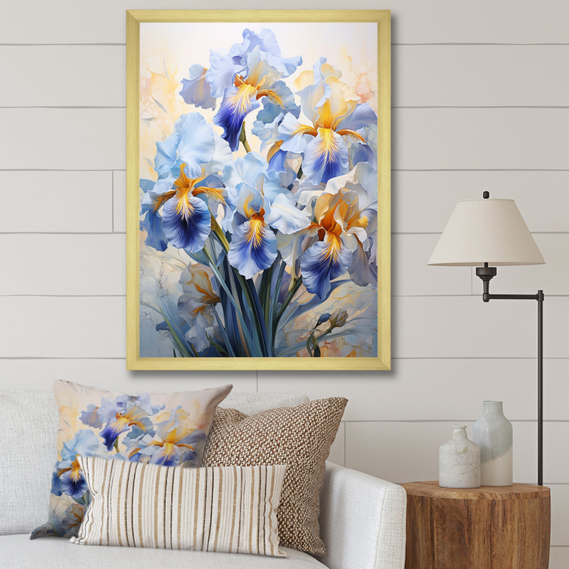 «Blue and Yellow Minimalisme Irises», reproduction d'art sur toile, H 32 po x l 16 po x P 1 po, Cadre doré simple