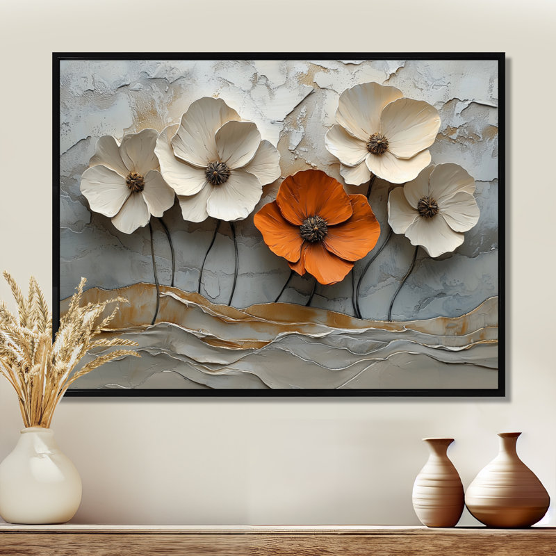 Blanc et orange, coquelicots en fleurs - coquelicots, art mural, H 12 po x l 20 po, Cadre flottant noir