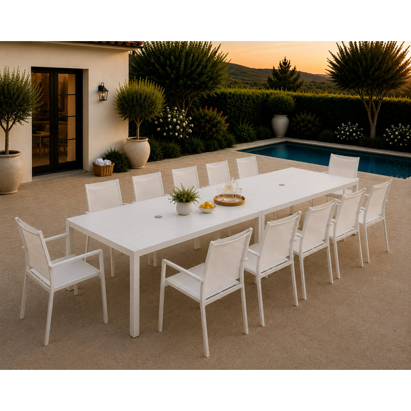 Aynura Modern Patio Dining Set for 12 – Powder-Coated & Anodized Aluminum Outdoor Furniture, with Dual Rectangular Tables & Assembled Chairs, White