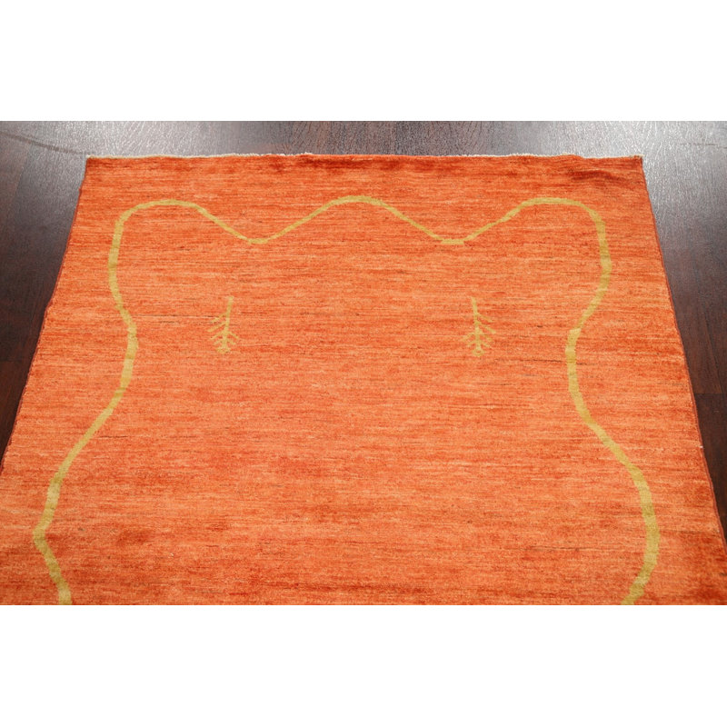 Tapis orange en laine noué à la main de conception unique 4 pi 4 po x 6 pi 4 po New Age