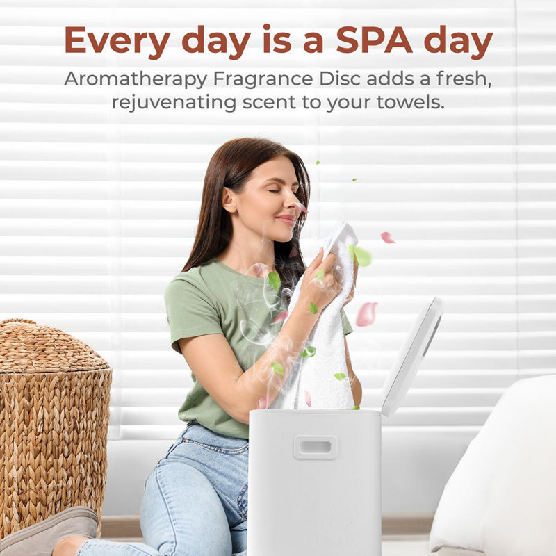Seau chauffe-serviettes Serenelife - Chauffe-serviettes de salle de bain compact 23L avec porte-disque aux huiles essentielles, minuterie réglable, arrêt automatique, rangement pour cordon d'alimentation et affichage à DEL, convient à 2 serviettes surdimensionnées (blanc)