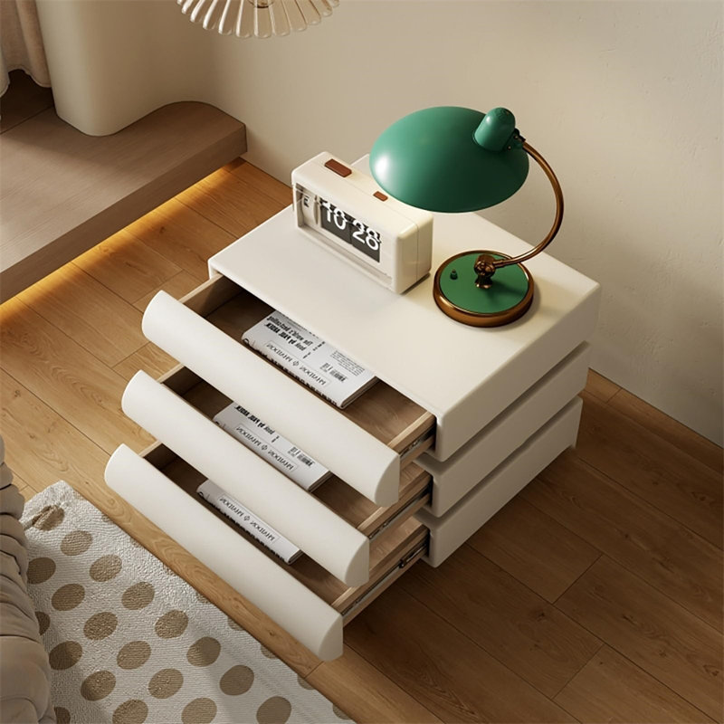 Table de chevet rembourrée en cuir crème à 3 tiroirs sans assemblage crème