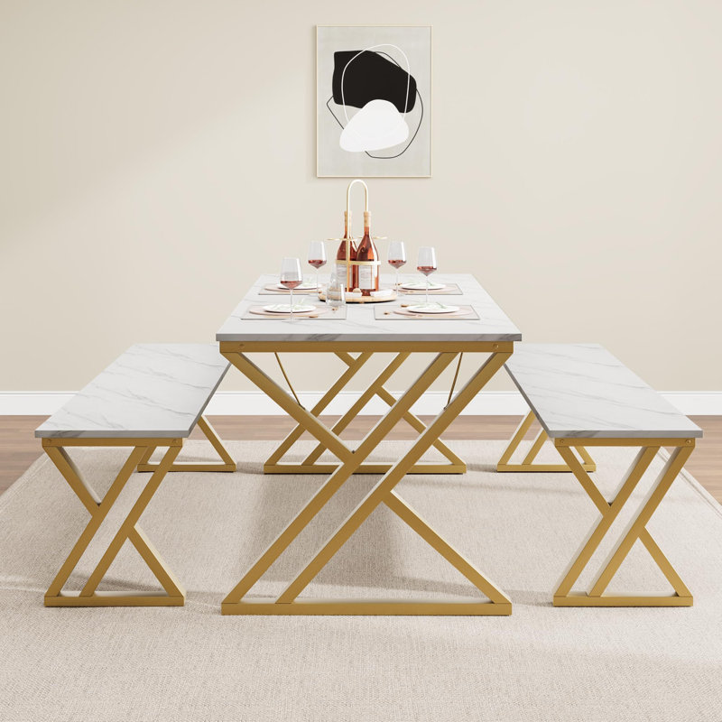 Square Dining Table Set for 4, Extendable Wooden Table with Upholstered Chairs, Compact Kitchen Set, White/Gold, White, Gold