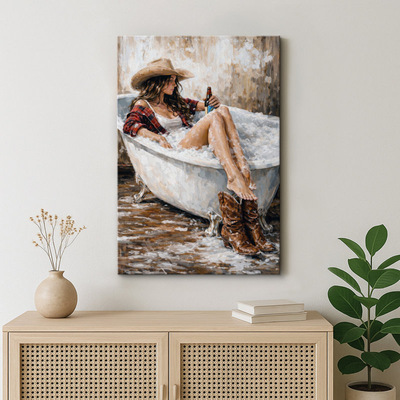 Illustration de style de vie rustique de style «Western Cowgirl Bath with Beer Rustic», impression de giclée sur toile encadrée