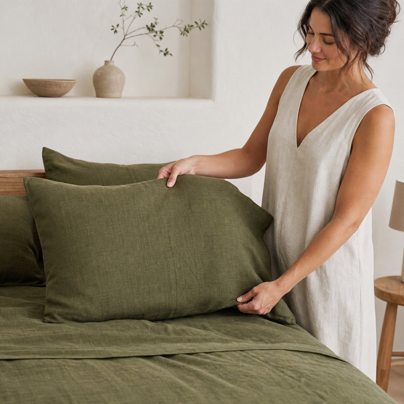 Ensemble de draps 100% lin français 4 pièces, Ensemble de draps pour lit double avec 2 taies d'o, Olive