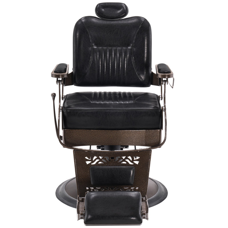 Barberpub 27" Wide Vegan Leather Heavy Duty Metal Vintage Barber Chair, Black/Brown Faux Leather