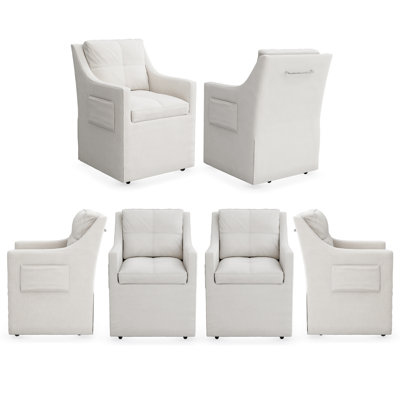 Dining Chair Set Of 6, Luxurious White Linen Upholstered Dining Armchair With Side Pocket And Casters