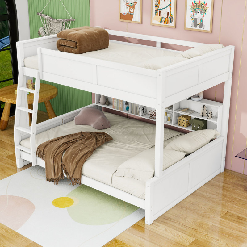 Lit superposé avec armoires et ports USB, Blanc antique, Full XL Over Queen