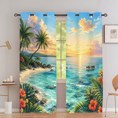 2 PCS rideaux occultant avec œillets, rideaux à motif de palmiers de plage tropicaux, isolation thermique, réduction du bruit, protection de la vie privée, rideaux obscurcissants pour le salon, la chambre et la décoration intérieure