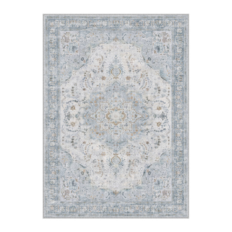 Aurea Vintage Distressed Medallion Washable Area Rug With Non-Slip Backing, Blue, Rectangle 9' x 12'