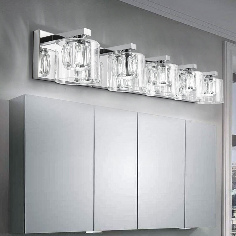 Delvon 5-Light Bathroom Dimmable Vanity Light Clear Glass & Crystal, Chrome