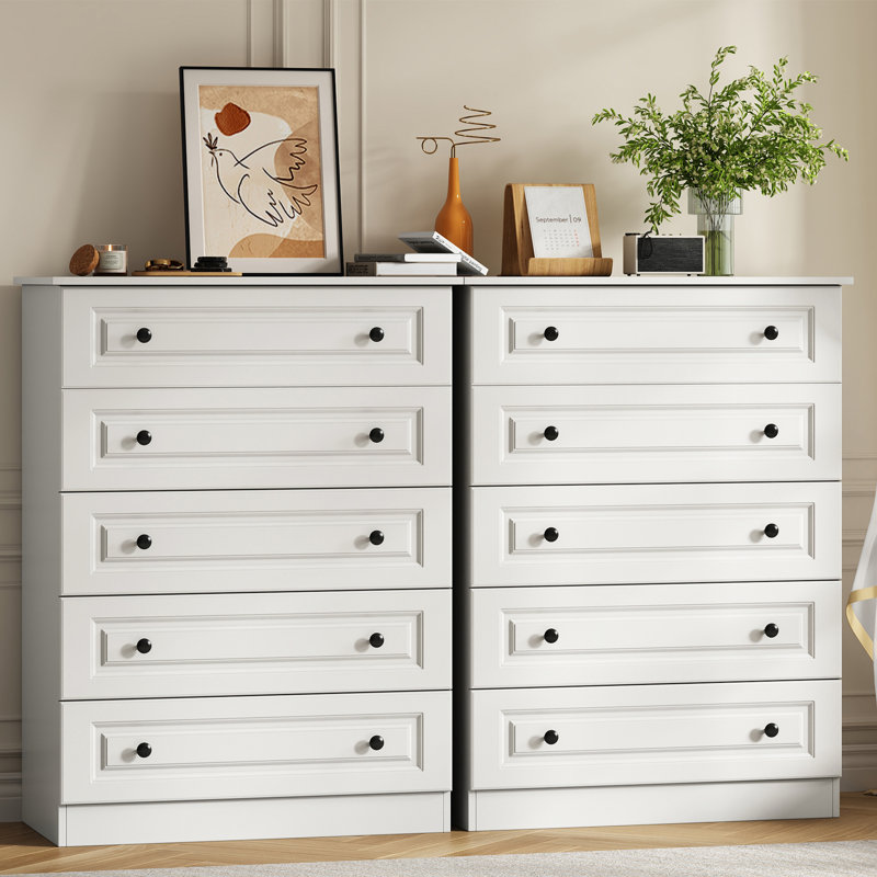 Ensemble de 2 commodes à 5 tiroirs modernes en bois l 29,5 po, Blanc