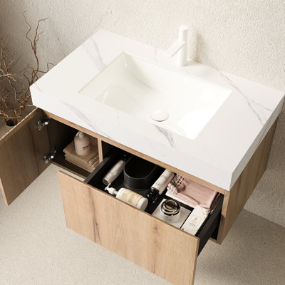Meuble-lavabo 36 po avec pierre frittée, lavabo en céramique 3 trous, rangement en contreplaqué flottant, tiroir et porte, pré-assemblé, imperméable, finition chêne blanc, lavabo à fermeture douce, pierre