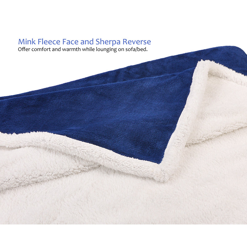 Navy Blue Reversible Sherpa Fleece Throw Blanket, 50x60 inches