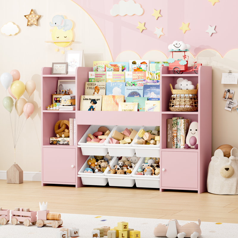 47.2" W Kids Bookshelf with 6 Storage Cubbies, Toy Organizer with Storage Shelves, for Playroom, School, Pink
