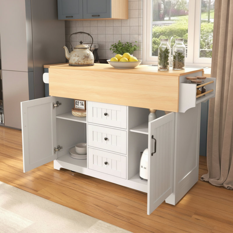 This White, Portable Kitchen Cart Features A Folding Tabletop, A Power Outlet, A Spice Rack, And A Towel Rack—Practical And Aesthetically Pleasing.