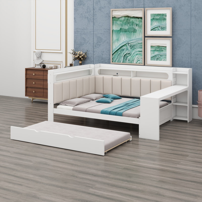 Modern Daybed System Combining Workspace, Open Shelving, and Hidden Trundle, Equipped with Smart Charging Ports and Customizable LED Lights