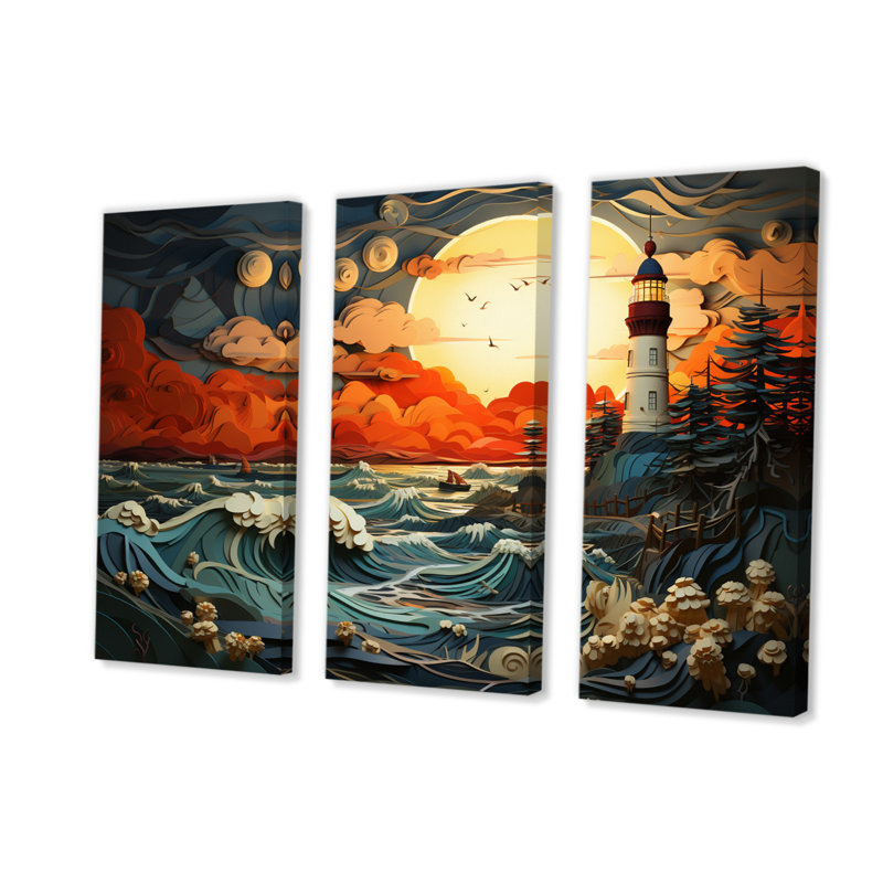Coastal Majestic Lighthouse III sur toile, reproduction de 3 pièces, H 28 po x l 36 po