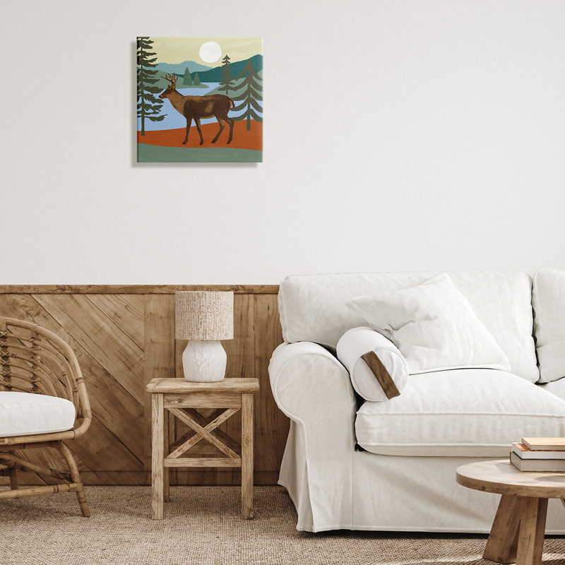 «Lakeside Mountain Peaks Forest Deer Walking» par Victoria Barnes - Peinture, H 17 po x l 17 po x P 1,5 po, Toile tendue