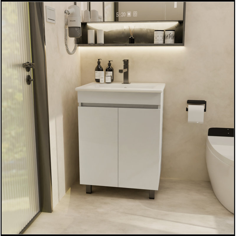 Meuble-lavabo 24 po avec lavabo, armoire de rangement compacte autoportante pour petits espaces, portes à fermeture douce