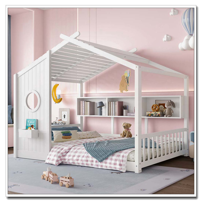Lit de rangement avec tablette de rangement, Blanc, Lit double