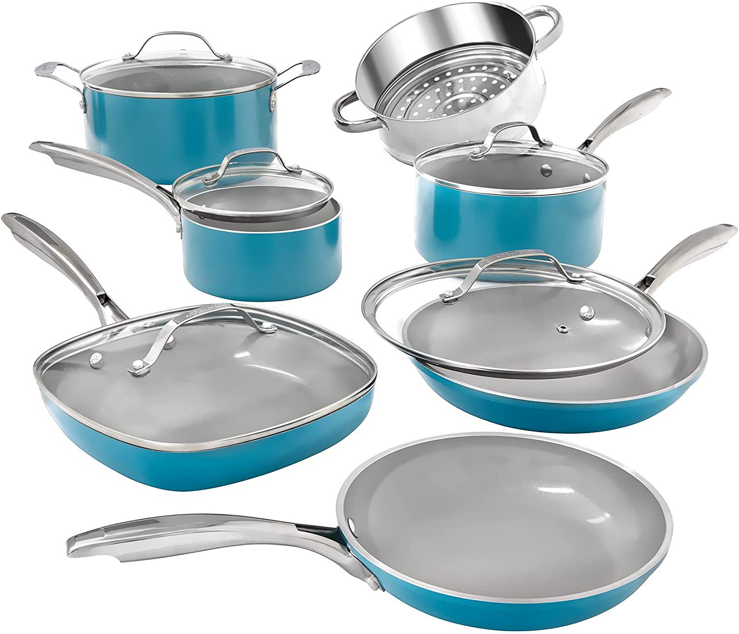 Gotham Steel Aqua Blue 12 Piece Nonstick Ceramic Cookware Set, Oven