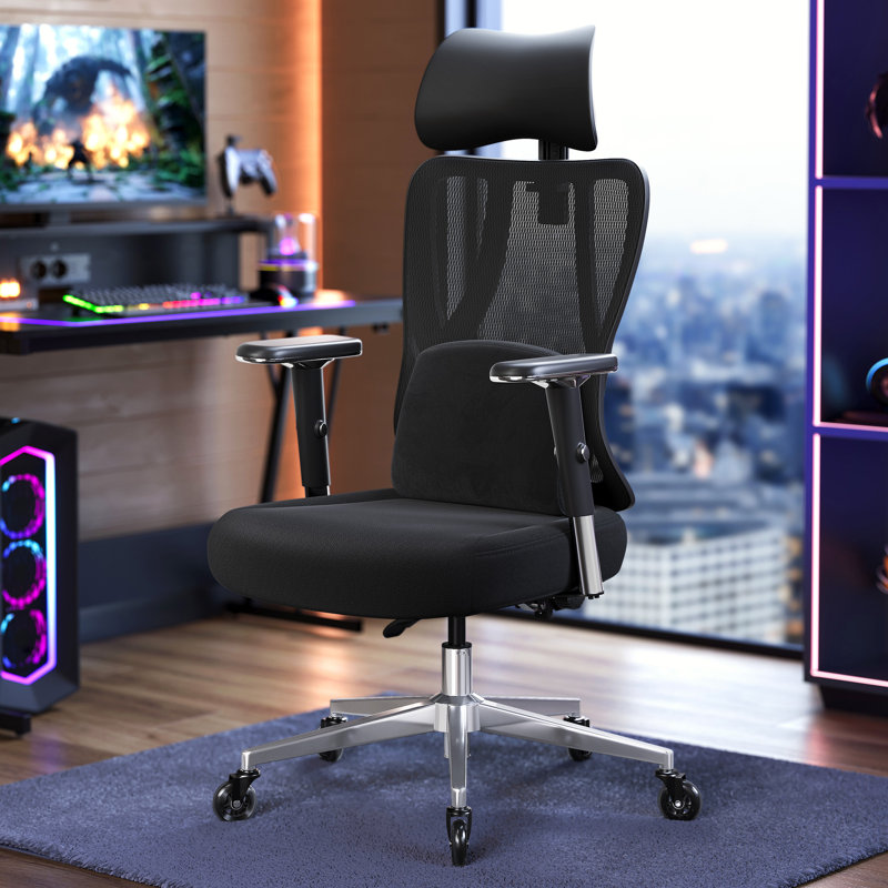 Office Gaming Chair, Height Adjustable Desk Chair With Lumbar Support, 150 Kg Load, Black